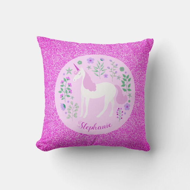 Pink Unicorn Glitter Personalised Name Cushion (Front)