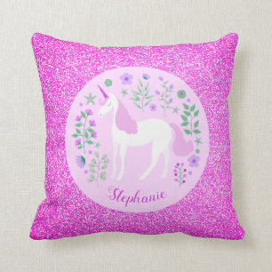 Pink Unicorn Glitter Personalised Name Cushion