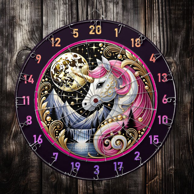 Pink Unicorn Glows Beneath Golden Moon Dartboard (Creator Uploaded)