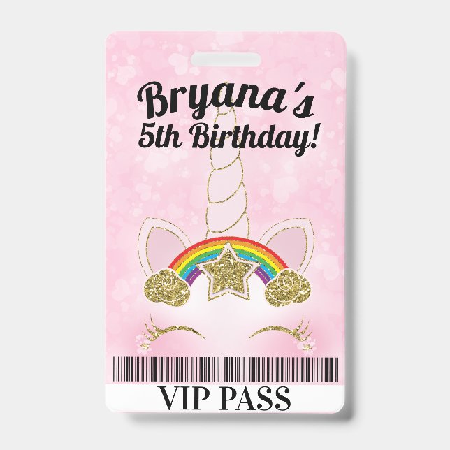 Pink Unicorn Gold Glitter Birthday Party VIP PASS ID Badge (Front)