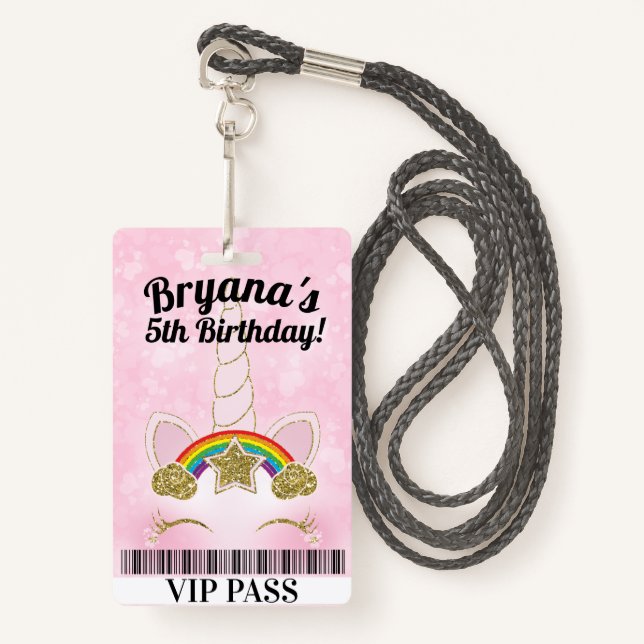 Pink Unicorn Gold Glitter Birthday Party VIP PASS ID Badge (Front with Lanyard)