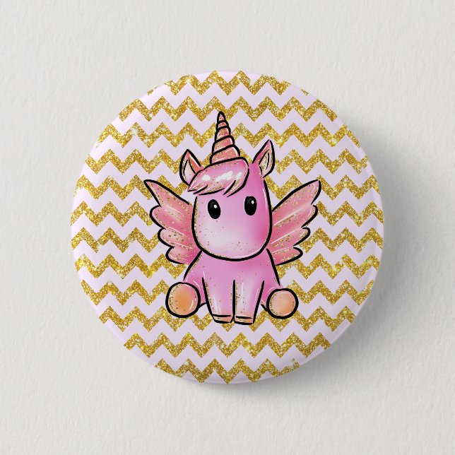 Pink Unicorn Gold Glitter Chevron Pattern Girly 6 Cm Round Badge (Front)