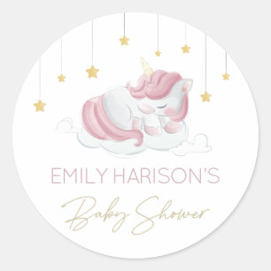 Pink Unicorn Gold Stars Baby Shower Classic Round Sticker