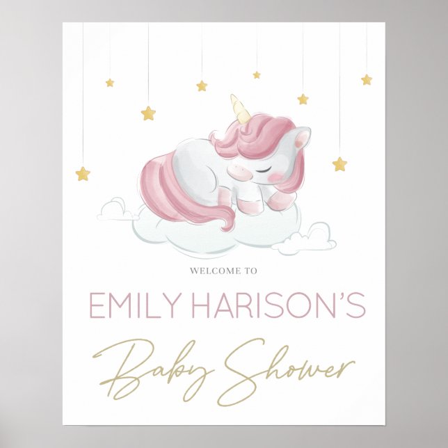 Pink Unicorn Gold Stars Baby Shower Sign (Front)