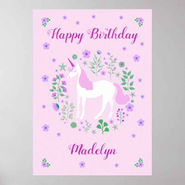 Pink Unicorn Happy Birthday Poster (Front)