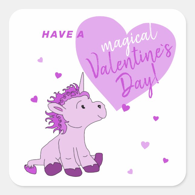 Pink Unicorn Heart Kids Valentine`s day Square Sticker (Front)