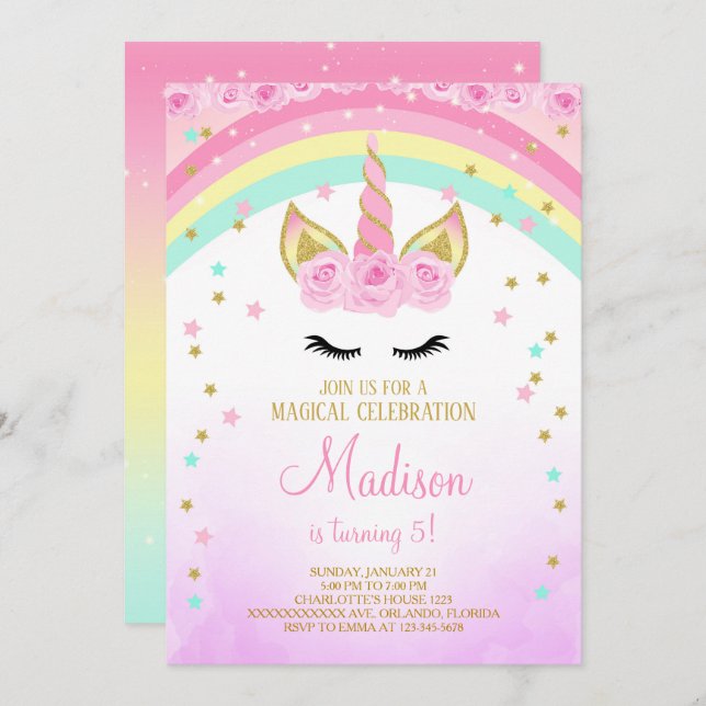Pink Unicorn Invite With Golden Stars (Front/Back)