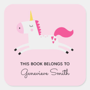 Pink Unicorn Kids Bookplates Square Sticker