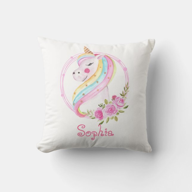 Pink Unicorn Kids Name Cute Nursery Cushion (Front)