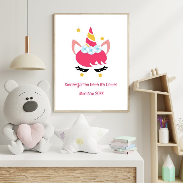 Pink Unicorn Kindergarten School Any Year Poster (Pink Unicorn Kindergarten 1st Grade Grade School Personalized Poster for Girls)