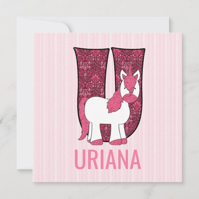 Pink Unicorn Letter U Kids Birthday Party Invitation (Front)