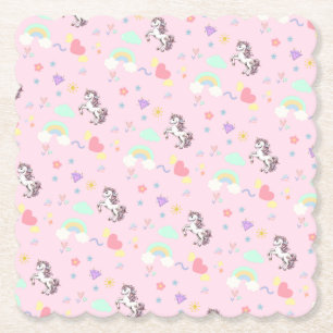 Pink unicorn magical princess girly birthday kids paper coaster