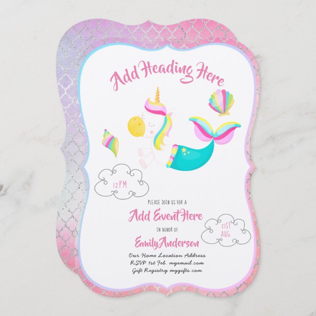 Pink UNICORN MERMAID Invitations Metallic Card (Front/Back)