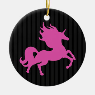 Pink Unicorn on Black Background Ceramic Ornament