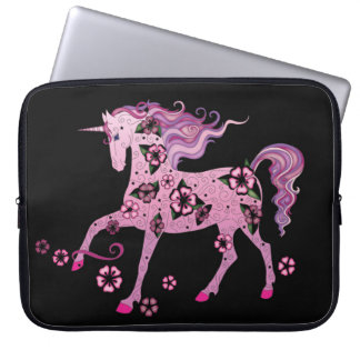 Pink Unicorn on Black Laptop Sleeve