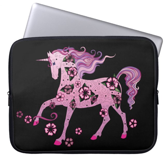 Pink Unicorn on Black Laptop Sleeve (Front)