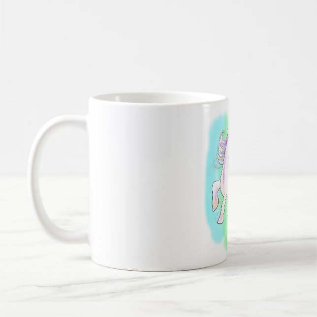  pink unicorn on rainbow background T-Shirt Coffee Mug (Left)
