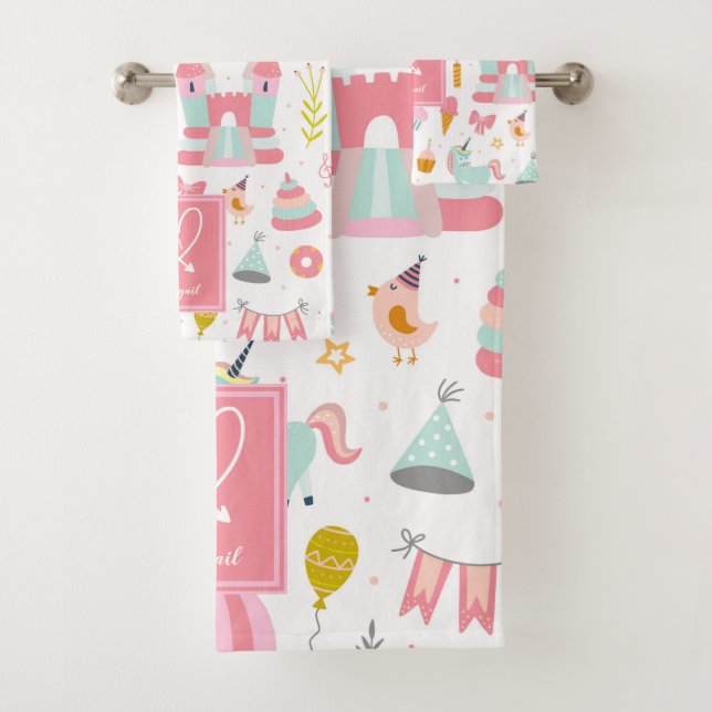 Pink Unicorn Party Pattern Girl Kids Bathroom Bath Towel Set (Insitu)