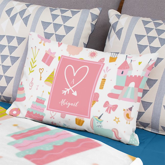 Pink Unicorn Party Pattern Monogrammed Girl Kids Decorative Cushion (Creator Uploaded)