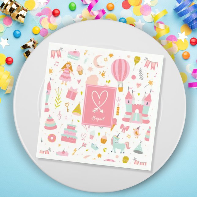 Pink Unicorn Party Pattern Monogrammed Girl Kids Napkin (Creator Uploaded)