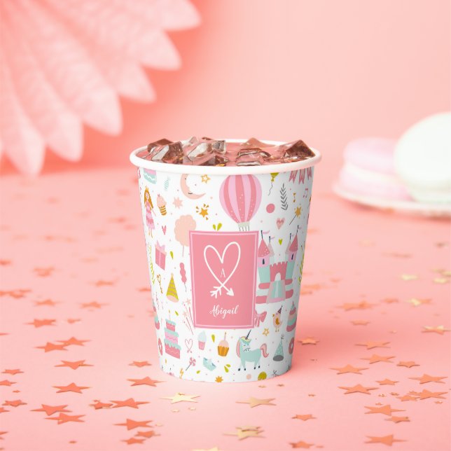 Pink Unicorn Party Pattern Monogrammed Girl Kids Paper Cups (Insitu)