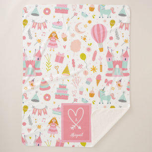 Pink Unicorn Party Pattern Monogrammed Girl Kids Sherpa Blanket
