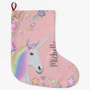Pink Unicorn Pastel Stars Girls Personalized Large Christmas Stocking