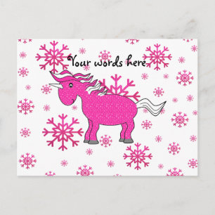 Pink unicorn pink snowflakes postcard