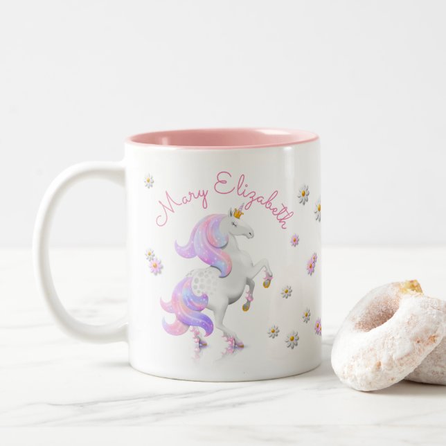 Pink Unicorn Princess with Stars and Flowers Two-Tone Coffee Mug (With Donut)