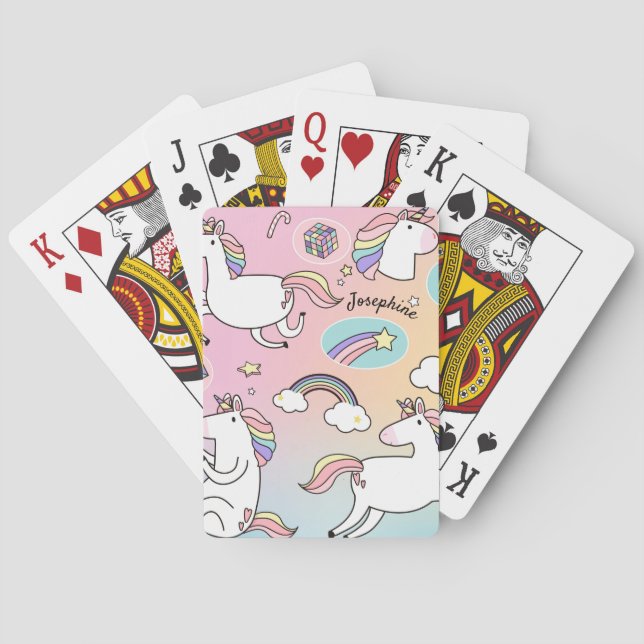 Pink Unicorn Rainbow Colours Monogram Kids Cute Playing Cards (Back)