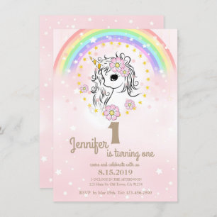 Pink Unicorn RainBow Girl 1st Birthday Cards