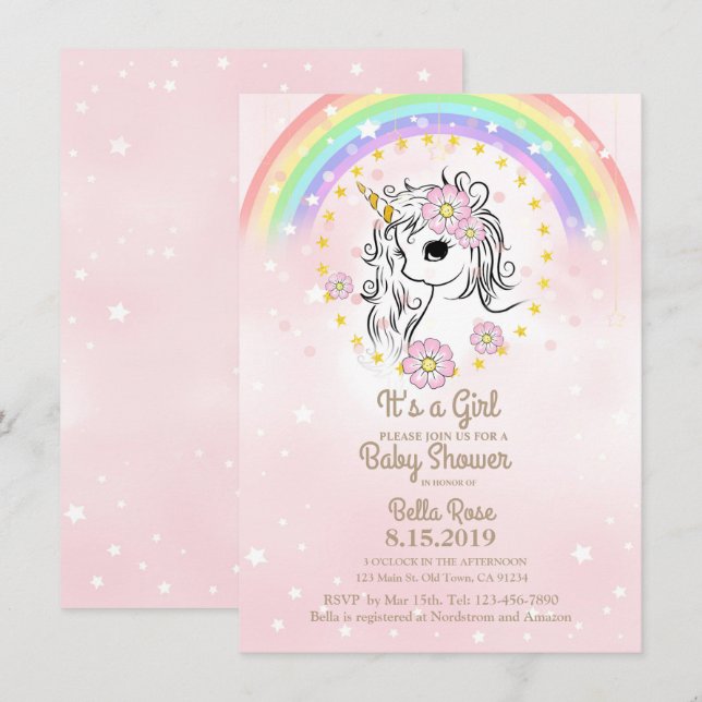 Pink Unicorn RainBow Girl Baby Shower Cards (Front/Back)