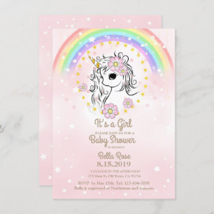 Pink Unicorn RainBow Girl Baby Shower Cards