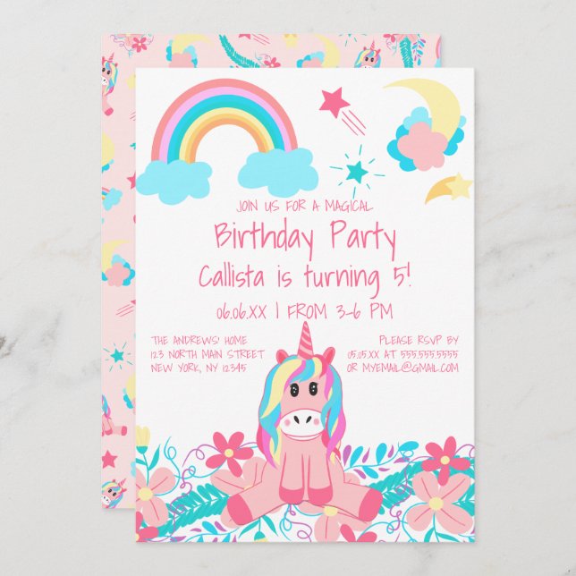 Pink Unicorn Rainbow Moon Stars Flowers Birthday Invitation (Front/Back)