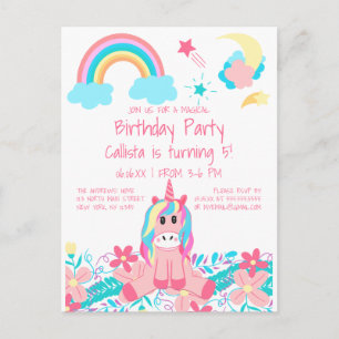 Pink Unicorn Rainbow Moon Stars Flowers Birthday Postcard