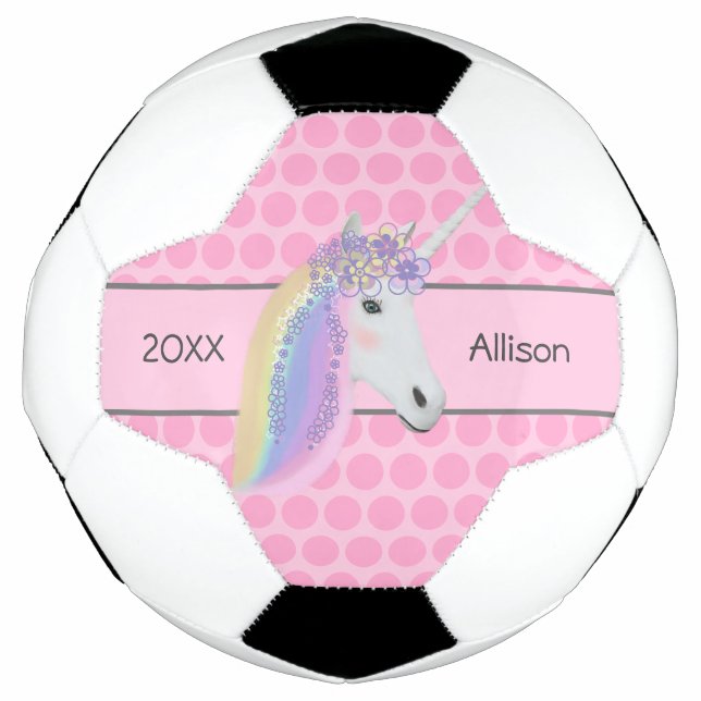Pink Unicorn Rainbow Personalised Girls Soccer Ball (Front)