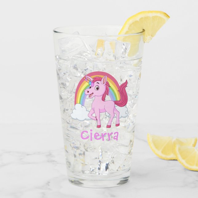 Pink Unicorn Rainbow Personalised Name Glass (Back Ice)