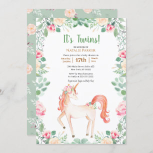Pink Unicorn Rose Floral Greenery Twin Baby Shower Invitation