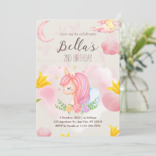 Pink Unicorn Second Birthday Invitation