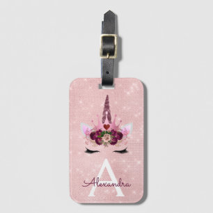 Pink  Unicorn Sparkle Princess Monogram Name Luggage Tag