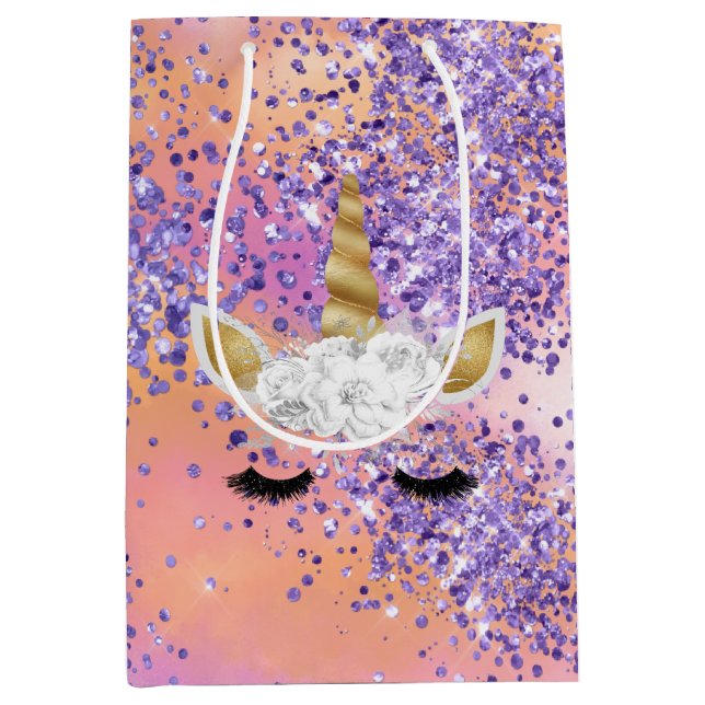 Pink Unicorn Sparkle Purple Aqua Glitter Confetti  Medium Gift Bag (Front)