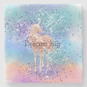 Pink Unicorn Sparkle Purple Aqua Glitter Confetti Stone Coaster