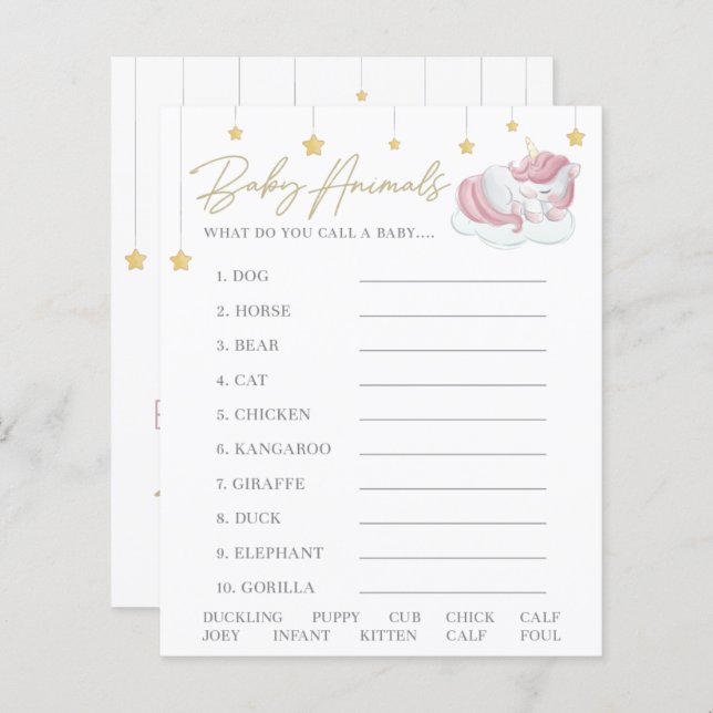 Pink Unicorn Stars Baby Shower Animals Game (Front/Back)