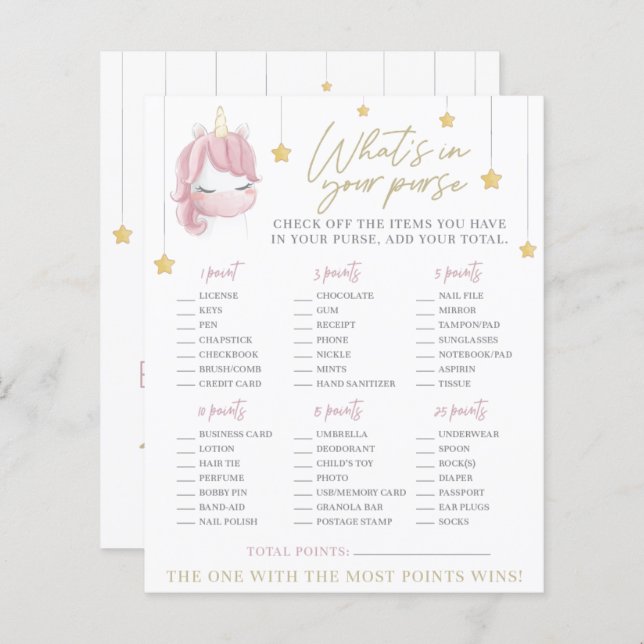 Pink Unicorn Stars Baby Shower Purse Game (Front/Back)