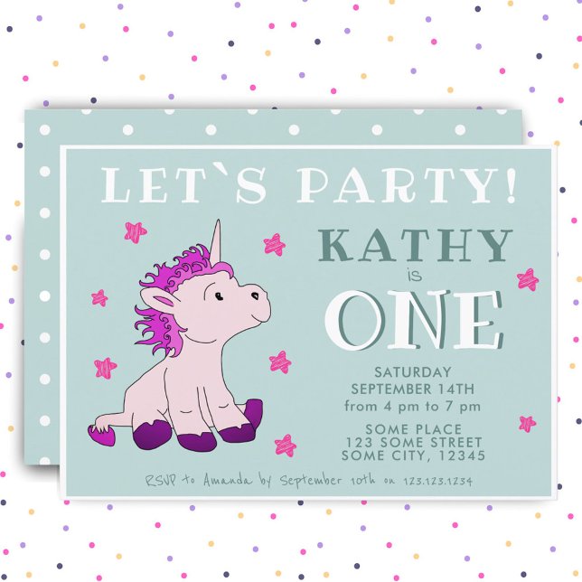 Pink Unicorn Stars One 1st Birthday Party  Invitation (Creator Uploaded)