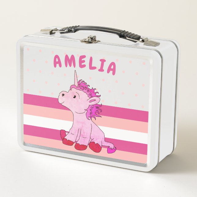 Pink Unicorn Stripes Polka Dot Girl  Metal Lunch Box (Front)