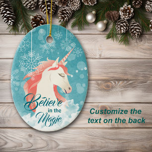 Pink Unicorn Teal Snowflake Believe Christmas Ceramic Ornament