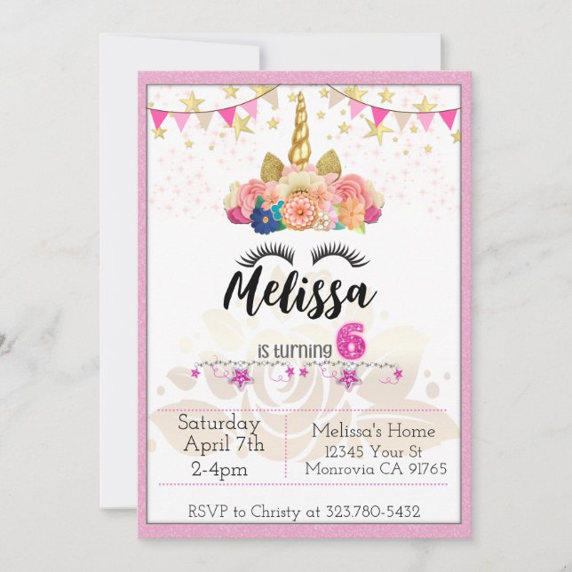 Pink Unicorn turning 6 Birthday party invitation (Front)