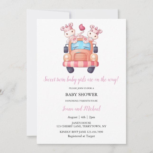 Pink Unicorn Twin Girls Baby Shower  Invitation (Front)