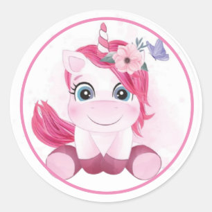 Pink Unicorn with Flowers and Butterfly Classic Round Sticker